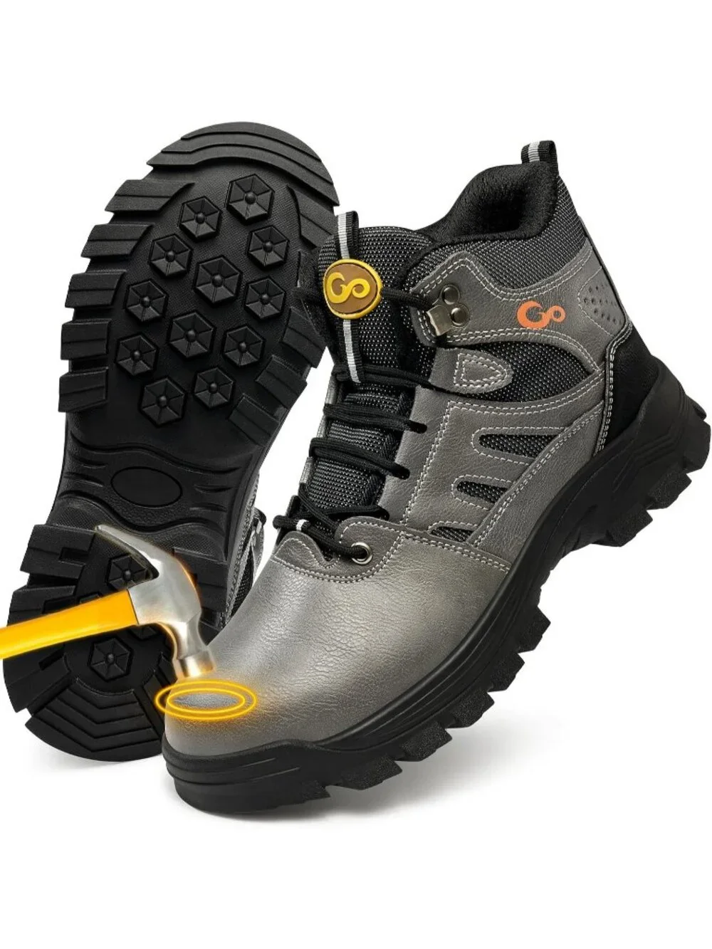 Men's Grey Waterproof Shoes Solid High Top Steel Toe Outdoor Hiking Boots